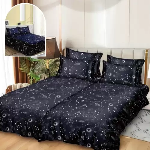 Lenjerie de Pat, 7 Piese, Bumbac Satinat Superior, cu 2 Pilote, Bleumarin, Galaxie