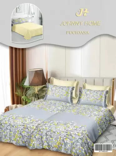 Lenjerie de Pat, 7 Piese, Bumbac Satinat Superior, cu 2 Pilote - Flori