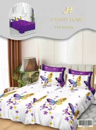 Lenjerie de Pat, 7 Piese, Bumbac Satinat Superior, cu 2 Pilote - Fluturi