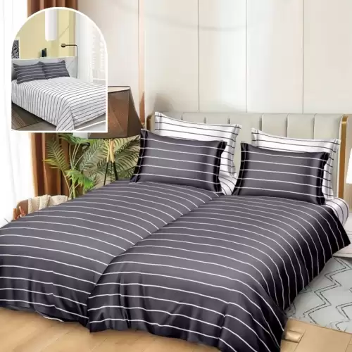 Lenjerie de Pat, 7 Piese, Bumbac Satinat Superior, cu 2 Pilote, Gri, Dungi