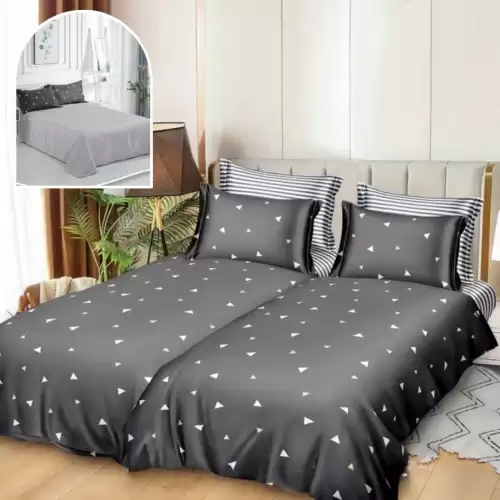 Lenjerie de Pat, 7 Piese, Bumbac Satinat Superior, cu 2 Pilote, Gri, Triunghiuri