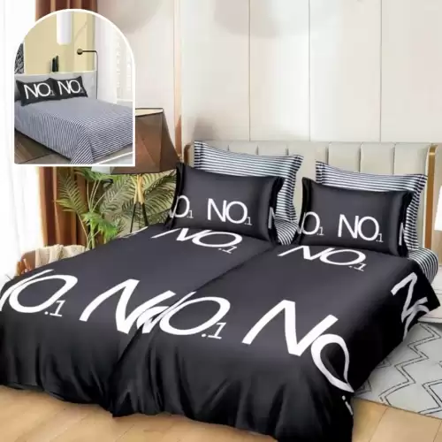 Lenjerie de Pat, 7 Piese, Bumbac Satinat Superior, cu 2 Pilote, Negru, Alb, No.1