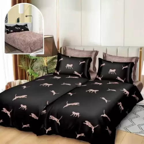 Lenjerie de Pat, 7 Piese, Bumbac Satinat Superior, cu 2 Pilote, Negru, Leoparzi