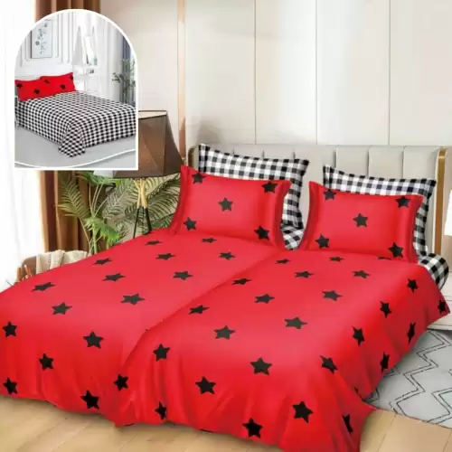 Lenjerie de Pat, 7 Piese, Bumbac Satinat Superior, cu 2 Pilote, Rosu, Stelute