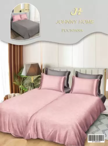 Lenjerie de Pat, 7 Piese, Bumbac Satinat Superior, cu 2 Pilote - Roz