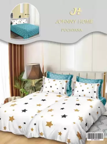 Lenjerie de Pat, 7 Piese, Bumbac Satinat Superior, cu 2 Pilote - Stelute