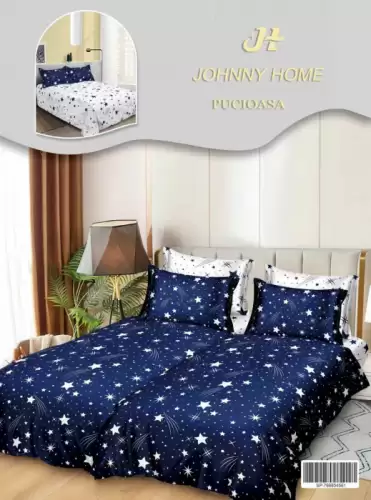 Lenjerie de Pat, 7 Piese, Bumbac Satinat Superior, cu 2 Pilote - Stelute