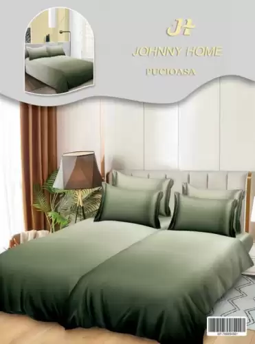 Lenjerie de Pat, 7 Piese, Bumbac Satinat Superior, cu 2 Pilote - Verde Degrade