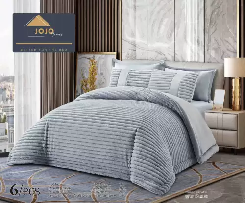 Lenjerie de pat cu Pilota Inclusa, Jojo Home, Cearceaf cu Elastic, 6 Piese, Blana de Iepure Artificiala, Gri deschis