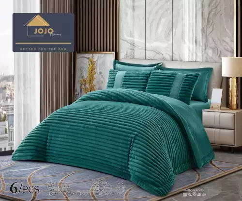 Lenjerie de pat cu Pilota Inclusa, Jojo Home, Cearceaf cu Elastic, 6 Piese, Blana de Iepure Artificiala, Verde