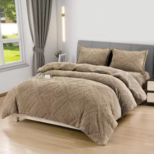 Lenjerie de Pat Dublu, CoCoLiNo Ultra Pufoasa, 4 piese, Cearsaf cu ELASTIC, Model Traditional 3D, Bej inhis