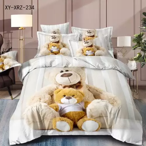 Lenjerie de Pat Dublu,  Finet, 6 piese, Imprimeu 3D Digital Realist, Exact ca in Poza – Culori Durabile, Vopsea Skin-Friendly si intretinere Usoara, Alb, Bej, ursuleti