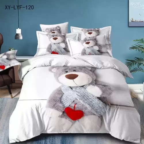 Lenjerie de Pat Dublu,  Finet, 6 piese, Imprimeu 3D Digital Realist, Exact ca in Poza – Culori Durabile, Vopsea Skin-Friendly si intretinere Usoara, Alb, Gri, ursuleti