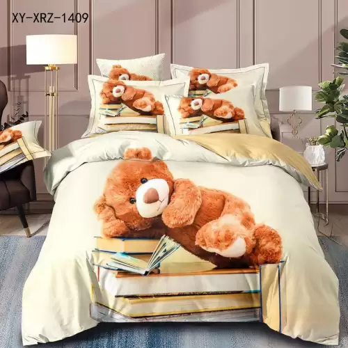 Lenjerie de Pat Dublu,  Finet, 6 piese, Imprimeu 3D Digital Realist, Exact ca in Poza – Culori Durabile, Vopsea Skin-Friendly si intretinere Usoara, Bej, ursulet cu carti