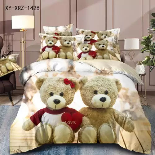 Lenjerie de Pat Dublu, Finet, 6 piese, Imprimeu 3D Digital Realist, Exact ca in Poza – Culori Durabile, Vopsea Skin-Friendly si intretinere Usoara, Bej, ursuleti indragostiti