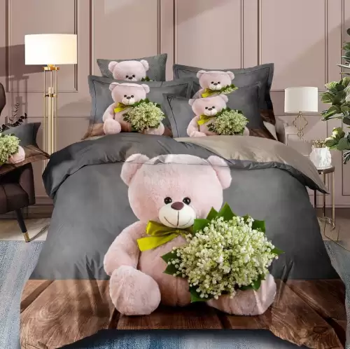 Lenjerie de Pat Dublu,  Finet, 6 piese, Imprimeu 3D Digital Realist, Exact ca in Poza – Culori Durabile, Vopsea Skin-Friendly si intretinere Usoara, Gri, ursulet cu buchet de lacramioare