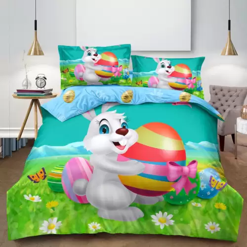Lenjerie de Pat Dublu, Finet, Imprimeu Digital, 4 Piese, Bleu, Verde, Iepuras cu Ou Incondeiat