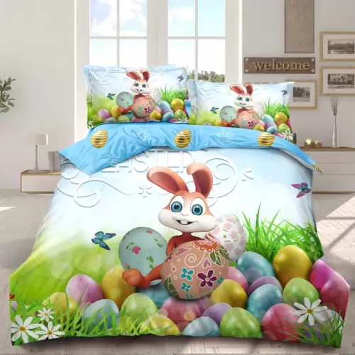Lenjerie de Pat Dublu, Finet, Imprimeu Digital, 4 Piese, Bleu, Verde, Iepuras, Oua Colorate