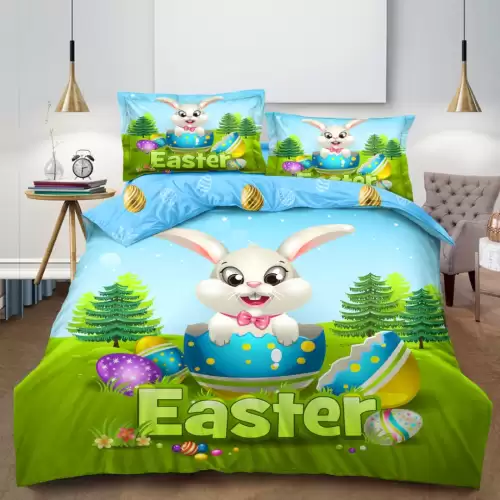 Lenjerie de Pat Dublu, Finet, Imprimeu Digital, 4 Piese, Bleu, Verde, Iepurasul din Oul Incondeiat