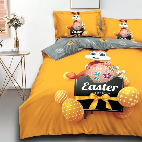 Lenjerie de Pat Dublu, Finet, Imprimeu Digital, 4 Piese, Galben, Iepuras, Happy Easter
