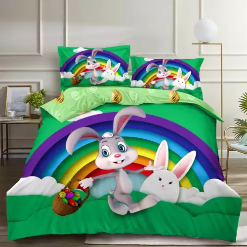 Lenjerie de Pat Dublu, Finet, Imprimeu Digital, 4 Piese, Verde, Albastru, Curcubeu, Iepuras cu Cos de Oua