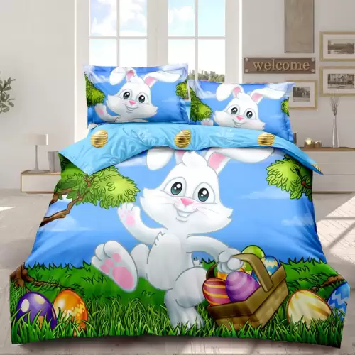 Lenjerie de Pat Dublu,  Finet, Imprimeu Digital cu Iepuras si Oua, IDENTIC CU POZA, 4 Piese, Bleu