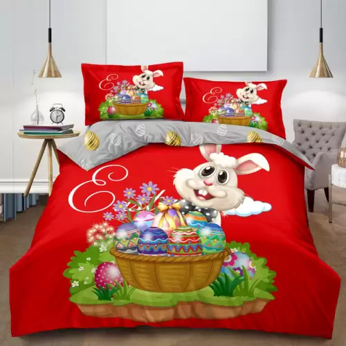 Lenjerie de Pat Dublu,  Finet, Imprimeu Digital cu Iepuras si Oua, IDENTIC CU POZA, 4 Piese, Rosu
