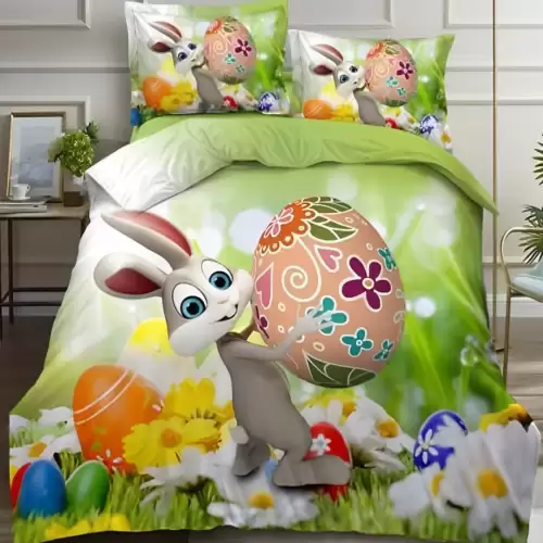 Lenjerie de Pat Dublu,  Finet, Imprimeu Digital cu Iepuras si Oua, IDENTIC CU POZA, 4 Piese, Verde, Portocaliu