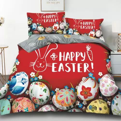 Lenjerie de Pat Dublu, Finet, Imprimeu Digital cu Oua, IDENTIC CU POZA, 4 Piese, Rosu