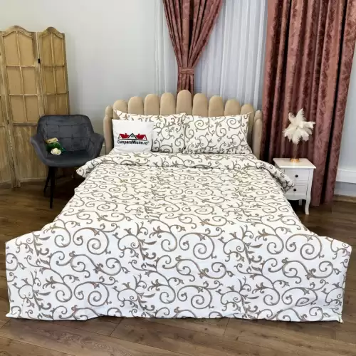 Lenjerie de Pat Dublu, Policoton Ranforsat, 4 piese, Atelier Cumparamisim, Alb, Maro, model clasic