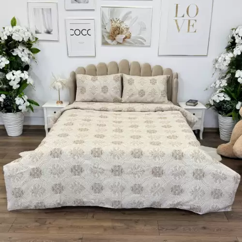 Lenjerie de Pat Dublu, Policoton Ranforsat, 4 piese, Atelier Cumparamisim, Bej, model elegant