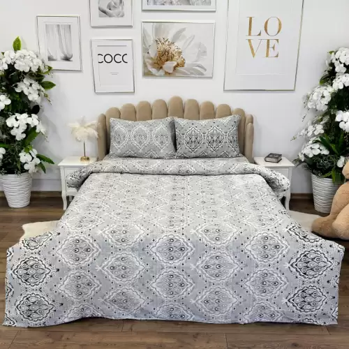 Lenjerie de Pat Dublu, Policoton Ranforsat, 4 piese, Atelier Cumparamisim, Gri, model clasic