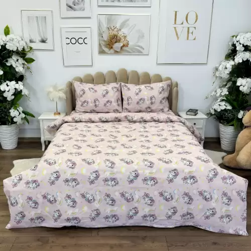 Lenjerie de Pat Dublu, Policoton Ranforsat, 4 piese, Atelier Cumparamisim, Roz, unicorni