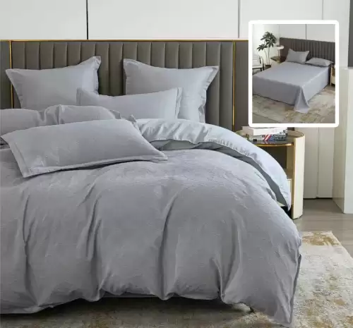 Lenjerie de pat natur uni baroque 6 piese cu cearsaf (gri)