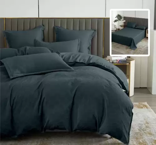 Lenjerie de pat natur uni baroque 6 piese cu cearsaf (negru)