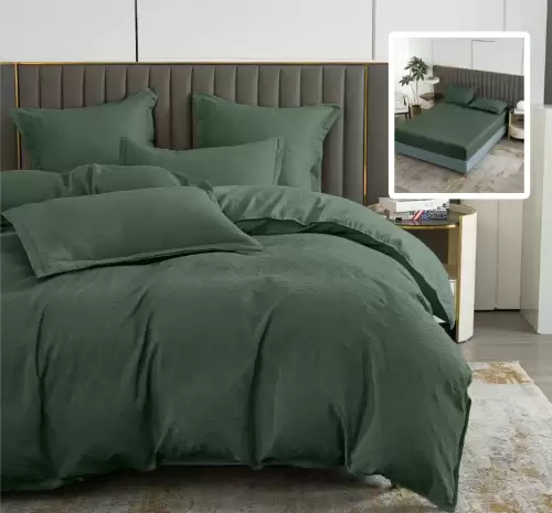 Lenjerie de pat natur uni baroque 6 piese cu husa (verde)