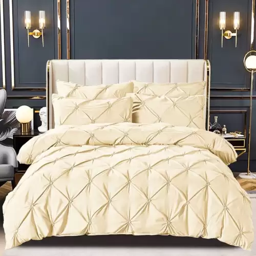 Lenjerie de Pat Premium, JOJO HOME,  Finet cu Pliuri Brodate, 6 Piese, cu ELASTIC, Nesifonabila si Durabila, Crem