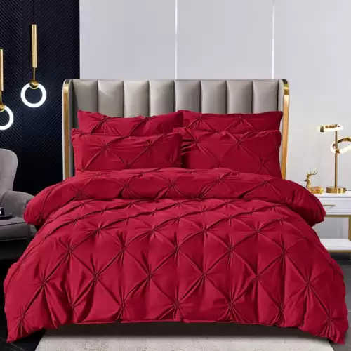 Lenjerie de Pat Premium, JOJO HOME,  Finet cu Pliuri Brodate, 6 Piese, cu ELASTIC, Nesifonabila si Durabila, Grena