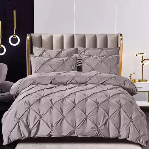 Lenjerie de Pat Premium, JOJO HOME,  Finet cu Pliuri Brodate, 6 Piese, cu ELASTIC, Nesifonabila si Durabila, Gri deschis