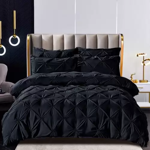 Lenjerie de Pat Premium, JOJO HOME, Finet cu Pliuri Brodate, 6 Piese, cu ELASTIC, Nesifonabila si Durabila, Negru