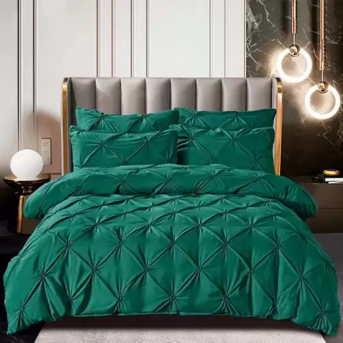 Lenjerie de Pat Premium, JOJO HOME, Finet cu Pliuri Brodate, 6 Piese, cu ELASTIC, Nesifonabila si Durabila, Verde Smarald
