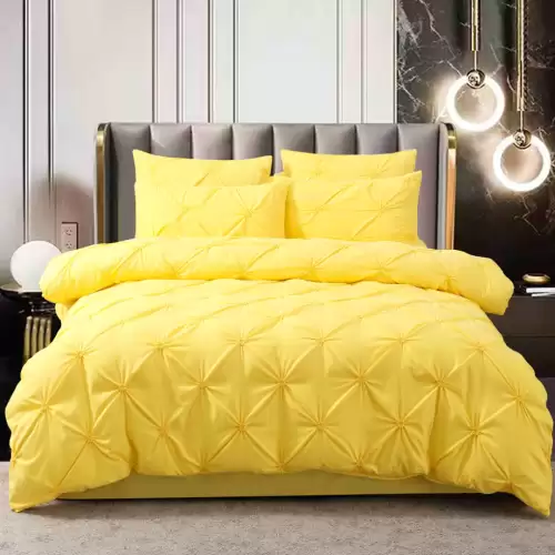 Lenjerie de Pat Premium, JOJO HOME,  Finet cu Pliuri Brodate, 6 Piese, Nesifonabila si Durabila, Galben