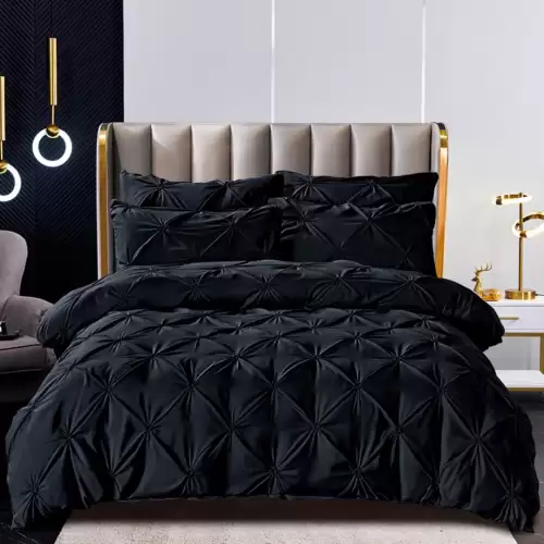 Lenjerie de Pat Premium, JOJO HOME, Finet cu Pliuri Brodate, 6 Piese, Nesifonabila si Durabila, Negru