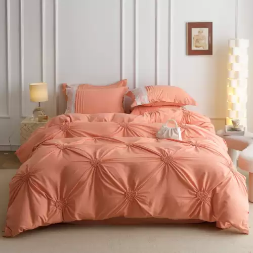 Lenjerie de Pat Premium, JOJO HOME, Finet Soft Touch, cu Inimioare din Pliuri Brodate, si Dantela Delicata, 6 Piese, Nesifonabila si Durabila, Somon