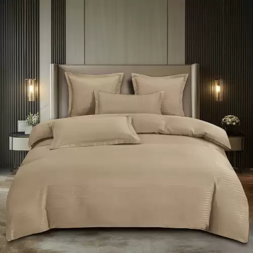 Lenjerie HoReCa, pat dublu, Damasc Finetat Deluxe, 6 piese, Pucioasa, Bej