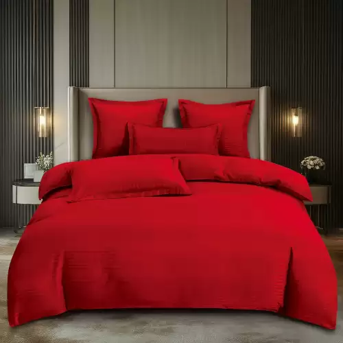 Lenjerie HoReCa, pat dublu, Damasc Finetat Deluxe, 6 piese, Pucioasa, Rosu