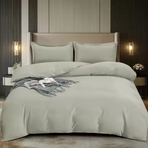 Lenjerie HoReCa, pat dublu, Damasc Finetat Deluxe cu Elastic, 4 piese, Pucioasa, Grej