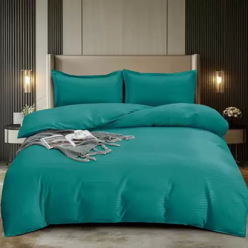 Lenjerie HoReCa, pat dublu, Damasc Finetat Deluxe cu Elastic, 4 piese, Pucioasa, Turcuaz