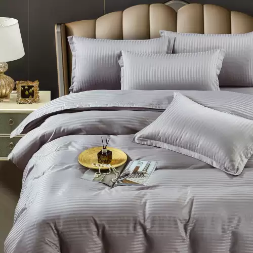 Lenjerie HoReCa, pat dublu, Damasc Finetat Deluxe cu Elastic, 6 piese, Jojo Home, Gri deschis