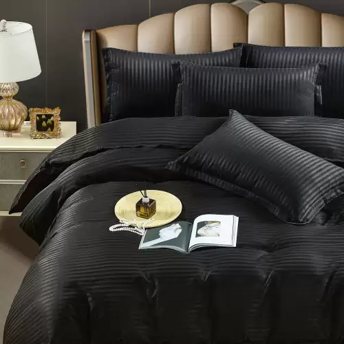 Lenjerie HoReCa, pat dublu, Damasc Finetat Deluxe cu Elastic, 6 piese, Jojo Home, Negru